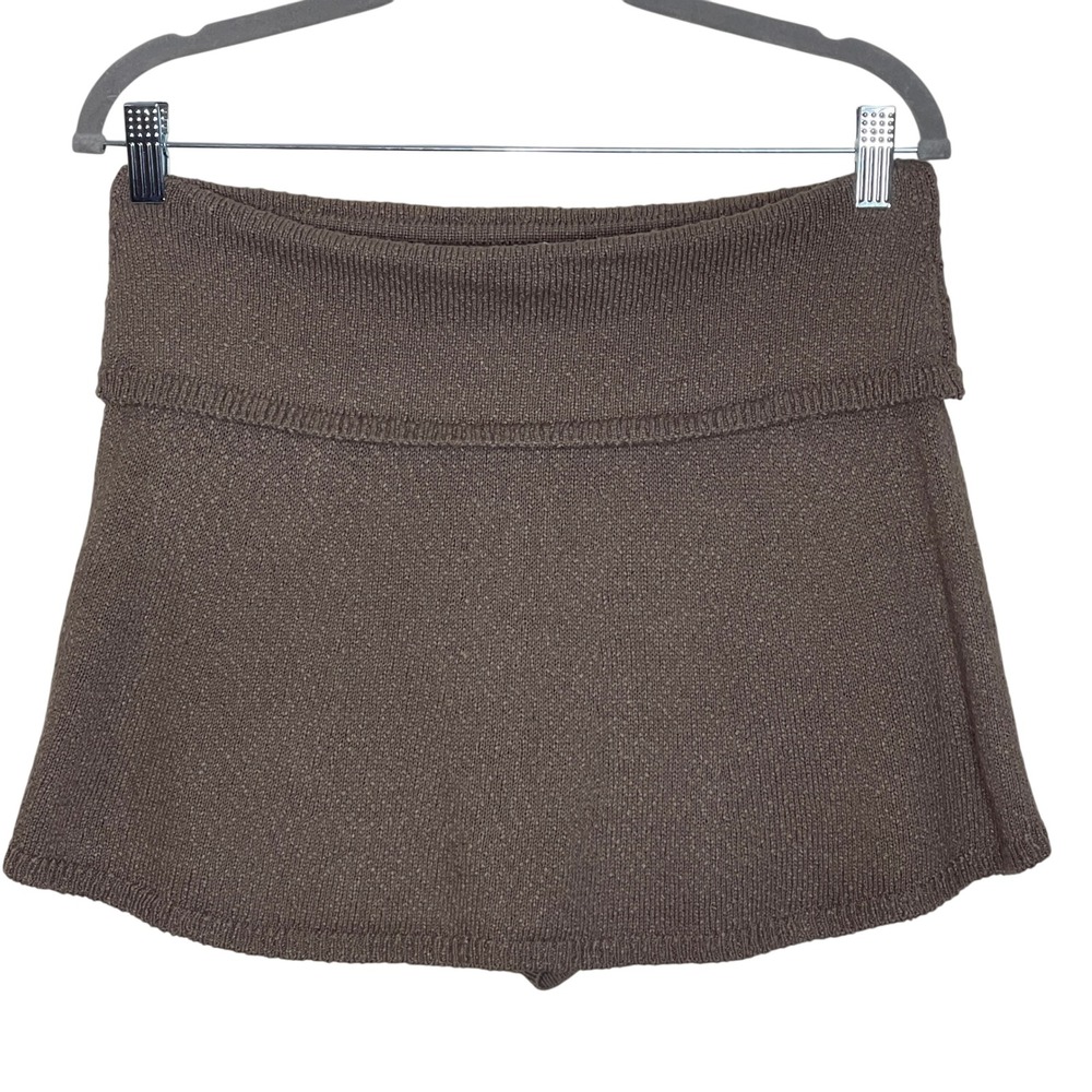 FP Beach Knit Mini Skirt Brown Gold Metallic Knitwear‎ Flared Festival